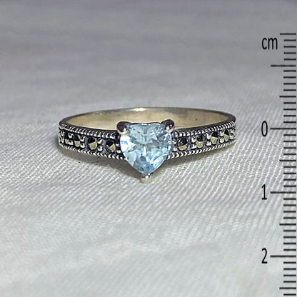 Faceted Heart Blue Topaz & Marcasite Ring- Size 7
