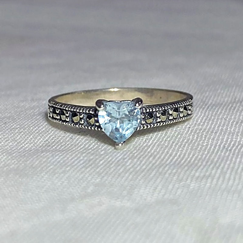 Faceted Heart Blue Topaz & Marcasite Ring- Size 7