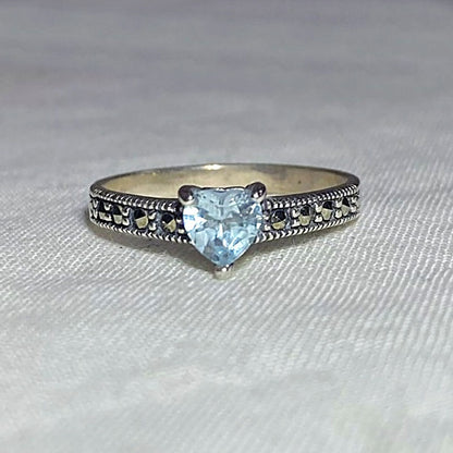 Faceted Heart Blue Topaz & Marcasite Ring- Size 7
