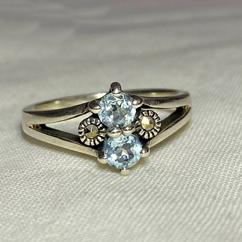 Faceted Round Blue Topaz & Marcasite Ring- Size 7