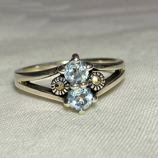 Faceted Round Blue Topaz & Marcasite Ring- Size 7