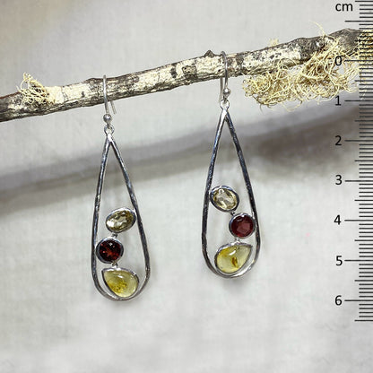 Combination Amber, Faceted Garnet & Citrine Sterling Silver Earrings