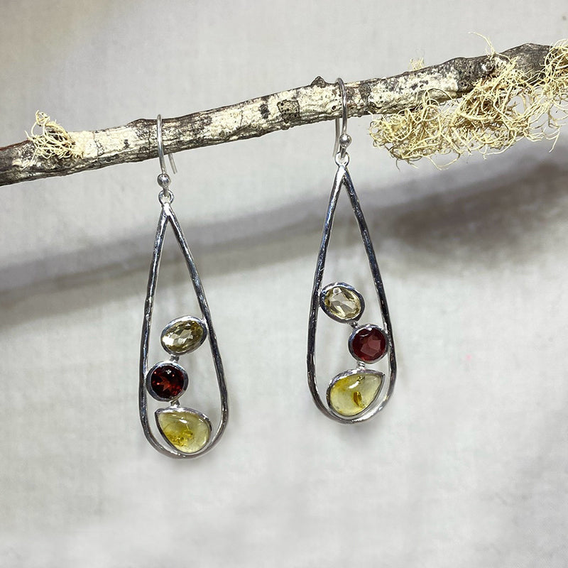 Combination Amber, Faceted Garnet & Citrine Sterling Silver Earrings