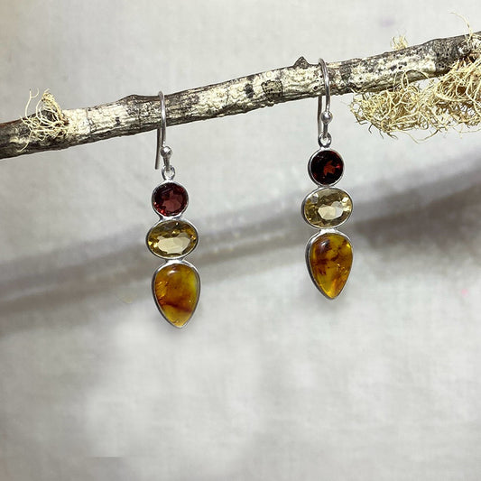 Combination Amber, Faceted Garnet & Citrine Sterling Silver Earrings