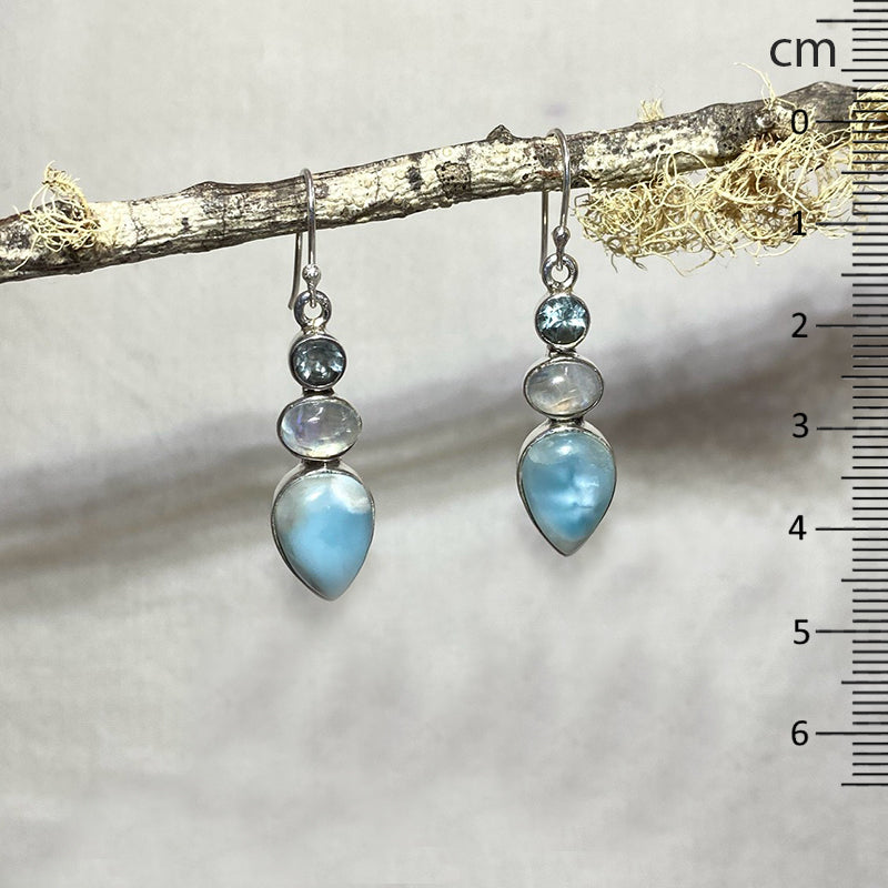 Combination Larimar, Moonstone & Faceted Blue Topaz Earrings