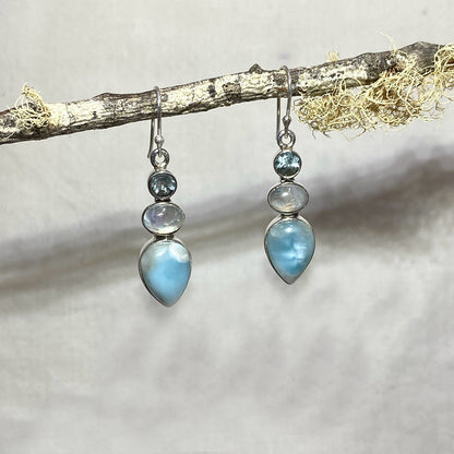 Combination Larimar, Moonstone & Faceted Blue Topaz Earrings