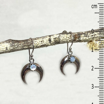 Round Rainbow Moonstone Crescent Moon Earrings