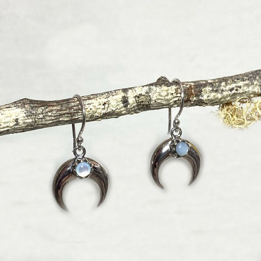 Round Rainbow Moonstone Crescent Moon Earrings