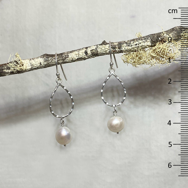 Teardrop Hammered Sterling Silver Round Freshwater Pearl Earrings