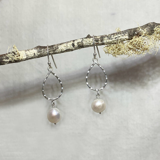 Teardrop Hammered Sterling Silver Round Freshwater Pearl Earrings