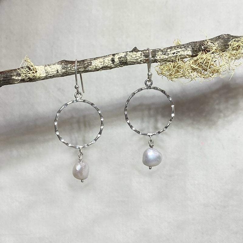 Round Hammered Sterling Silver Round Freshwater Pearl Earrings