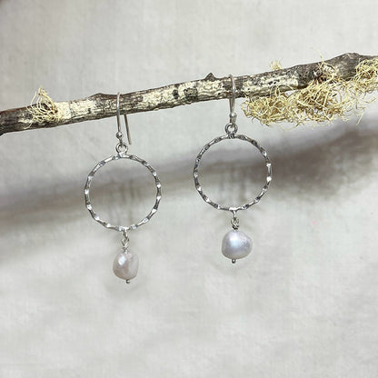 Round Hammered Sterling Silver Round Freshwater Pearl Earrings