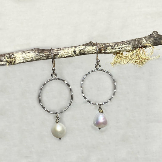 Pearl & Beaten Sterling Silver Earrings