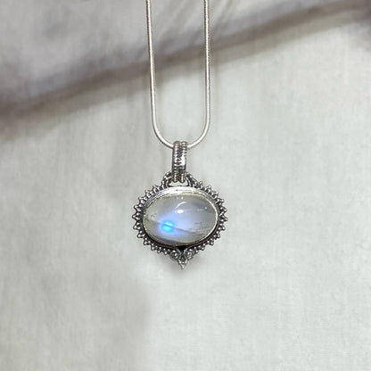 Ornate Sterling Silver Oval Moonstone Pendant