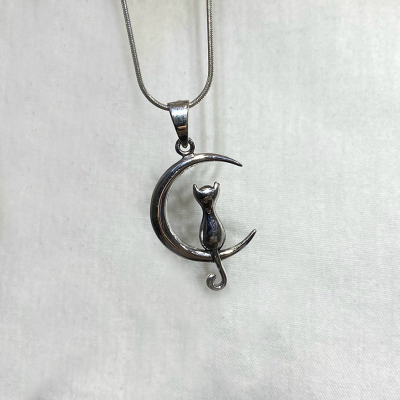 Sterling Silver Cat & Moon Pendant