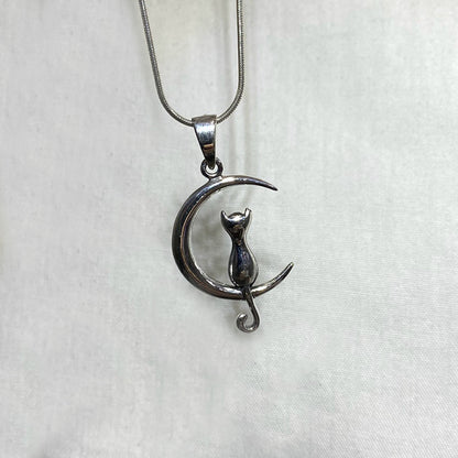 Sterling Silver Cat & Moon Pendant