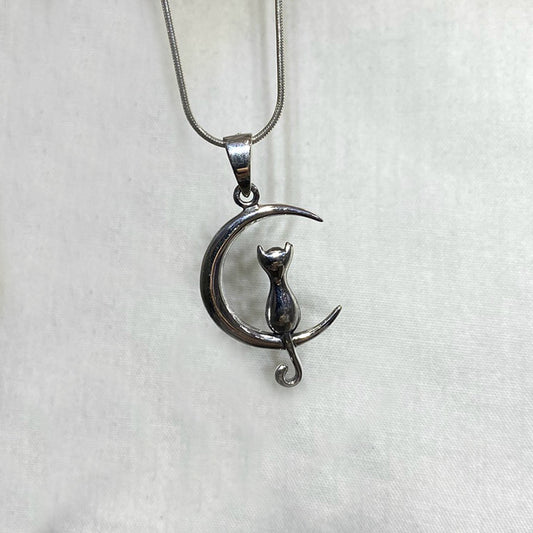 Sterling Silver Cat & Moon Pendant
