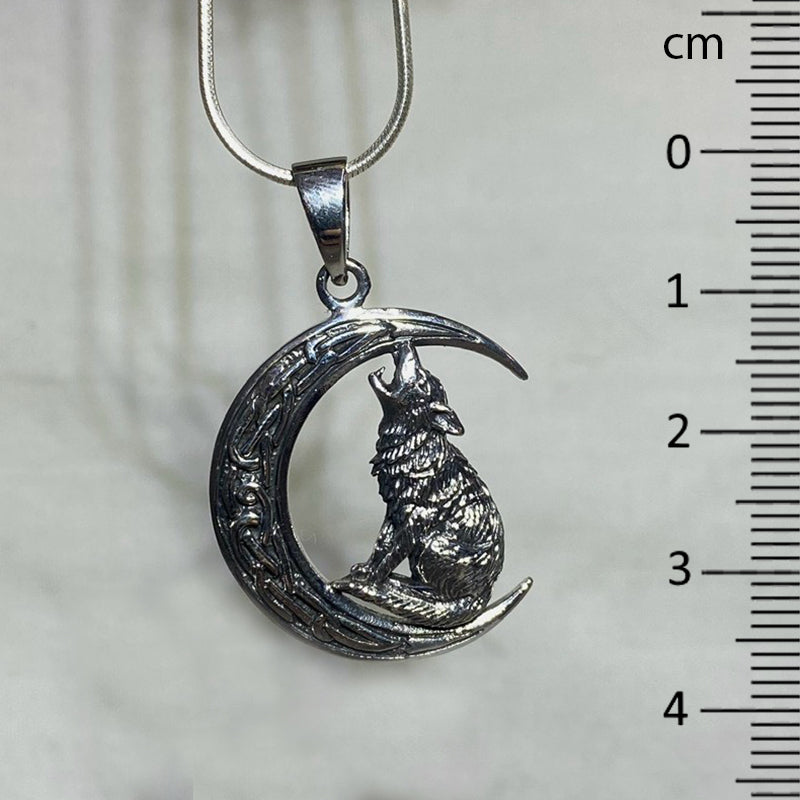 Sterling Silver Wolf & Moon Pendant