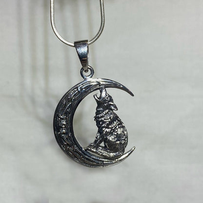 Sterling Silver Wolf & Moon Pendant