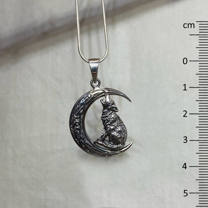 Sterling Silver Wolf & Moon Pendant