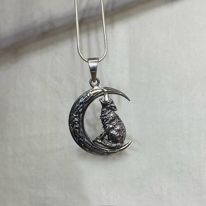 Sterling Silver Wolf & Moon Pendant