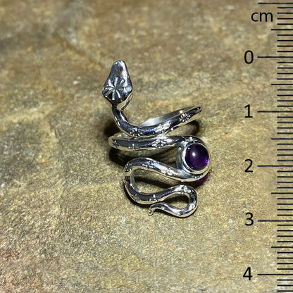 Round Amethyst Snake Ring- Size 8