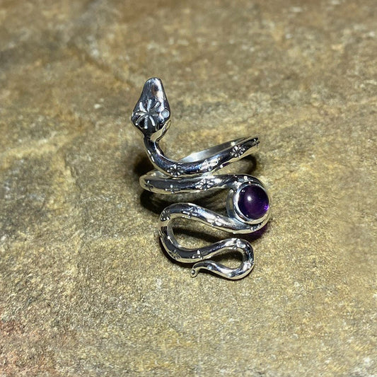 Round Amethyst Snake Ring- Size 8