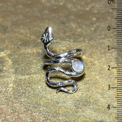 Round Rainbow Moonstone Snake Ring- Size 8