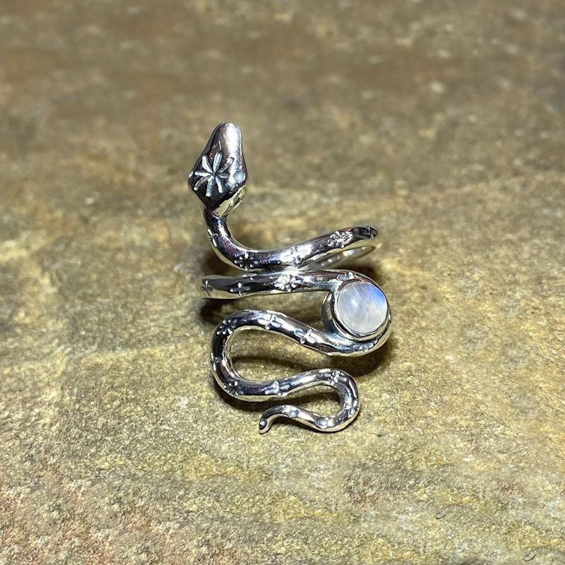 Round Rainbow Moonstone Snake Ring- Size 8