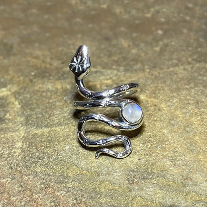 Round Rainbow Moonstone Snake Ring- Size 8