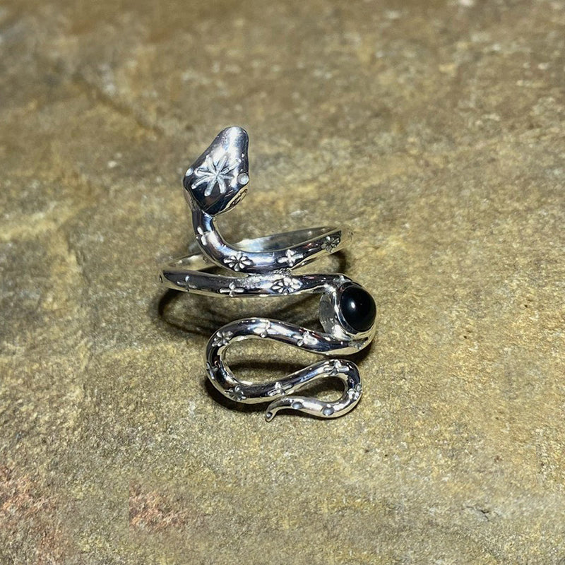 Round Black Onyx Snake Ring- Size 10