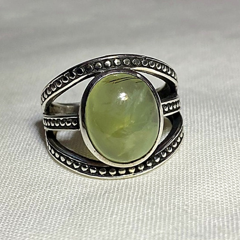 Oval Prehnite Ornate Sterling Silver Ring- Size 7