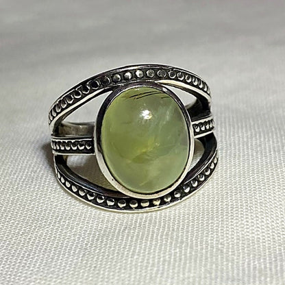 Oval Prehnite Ornate Sterling Silver Ring- Size 7