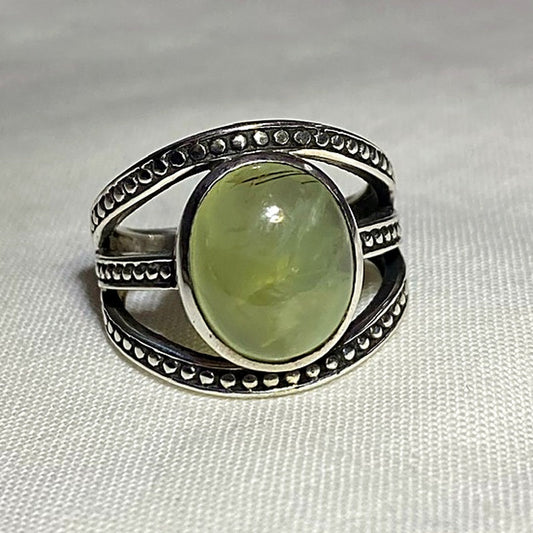 Oval Prehnite Ornate Sterling Silver Ring- Size 7