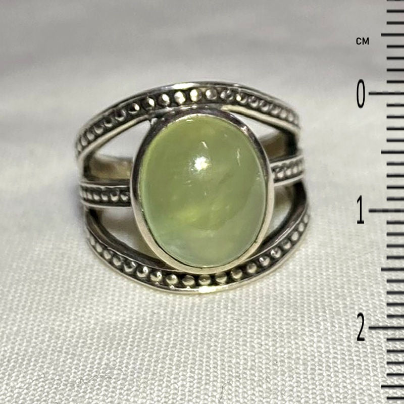 Oval Prehnite Ornate Sterling Silver Ring- Size 6
