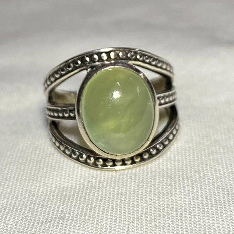Oval Prehnite Ornate Sterling Silver Ring- Size 6