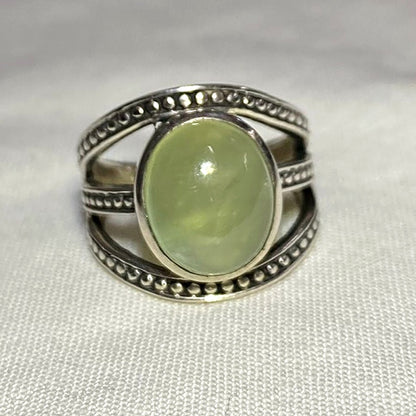 Oval Prehnite Ornate Sterling Silver Ring- Size 6