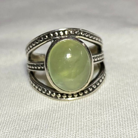 Oval Prehnite Ornate Sterling Silver Ring- Size 6