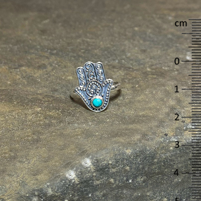 Sterling Silver Hamsa Hand with Turquoise Ring- Size 6