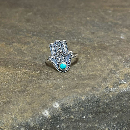 Sterling Silver Hamsa Hand with Turquoise Ring- Size 6