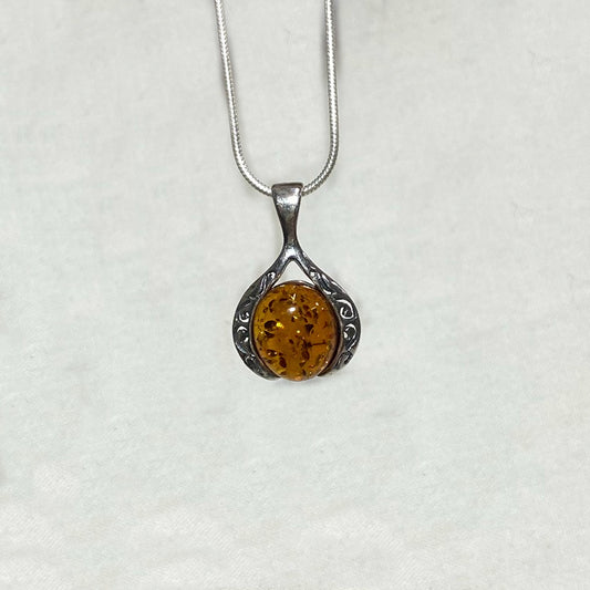 Oval Amber Ornate Sterling Silver Pendant