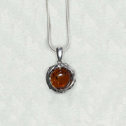 Round Amber Ornate Sterling Silver Pendant