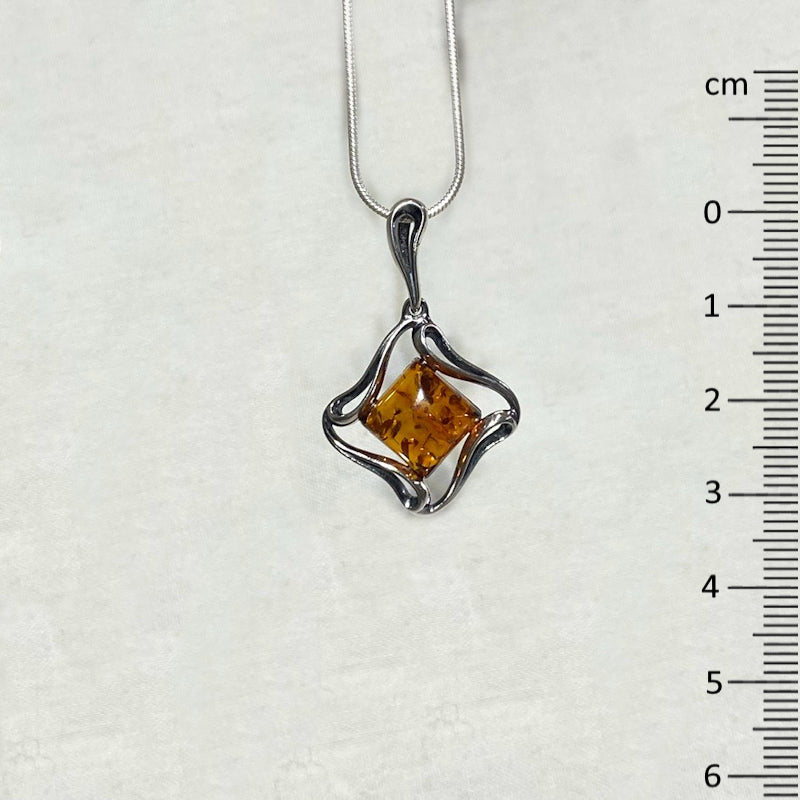 Diamond Shaped Amber Ornate Sterling Silver Pendant