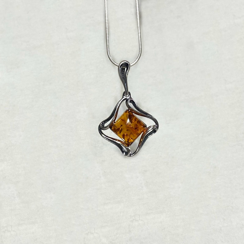 Diamond Shaped Amber Ornate Sterling Silver Pendant
