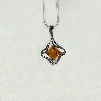 Diamond Shaped Amber Ornate Sterling Silver Pendant
