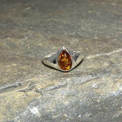 Teardrop Amber Ring- Size 7.5