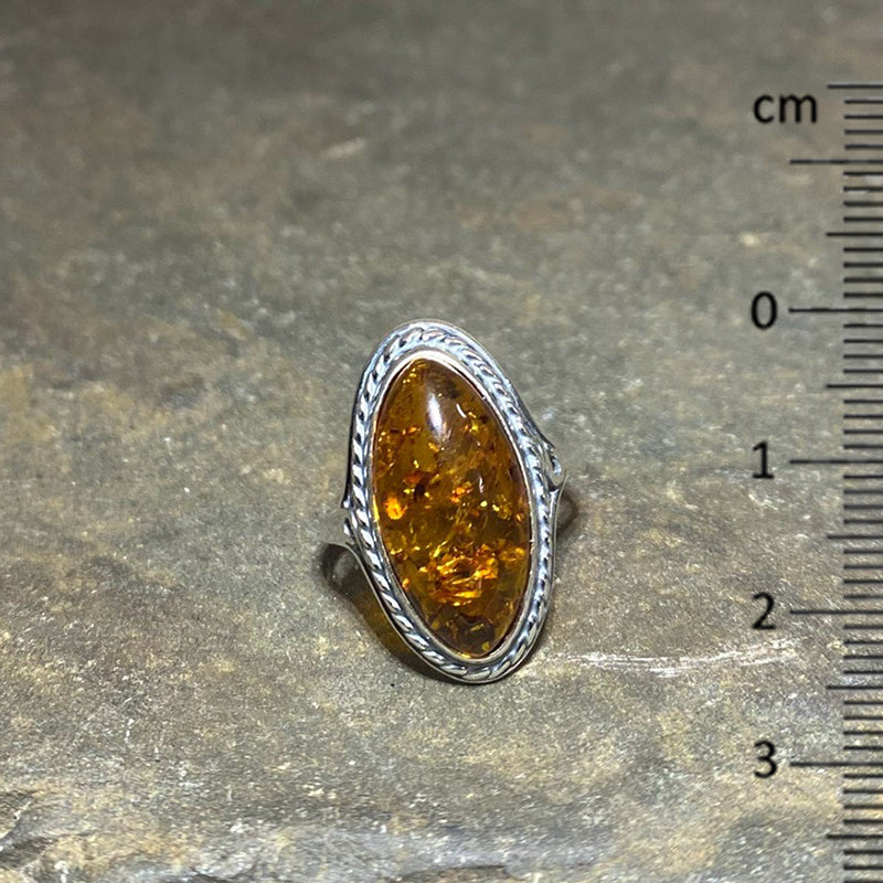 Ornate Sterling Silver Oval Amber Ring- Size 7.5