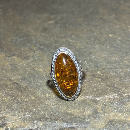 Ornate Sterling Silver Oval Amber Ring- Size 7.5