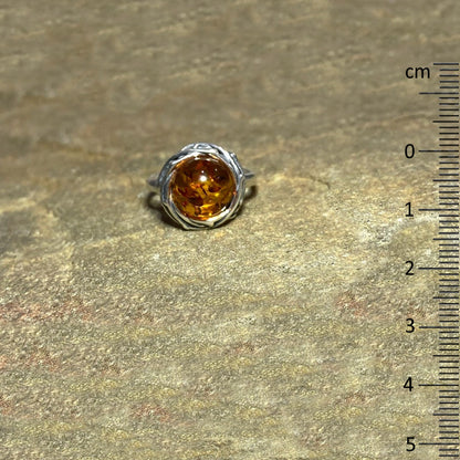 Round Amber Ornate Sterling Silver Ring- Size 7