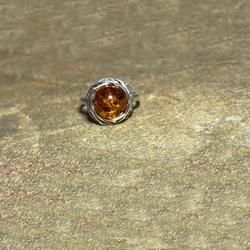 Round Amber Ornate Sterling Silver Ring- Size 7